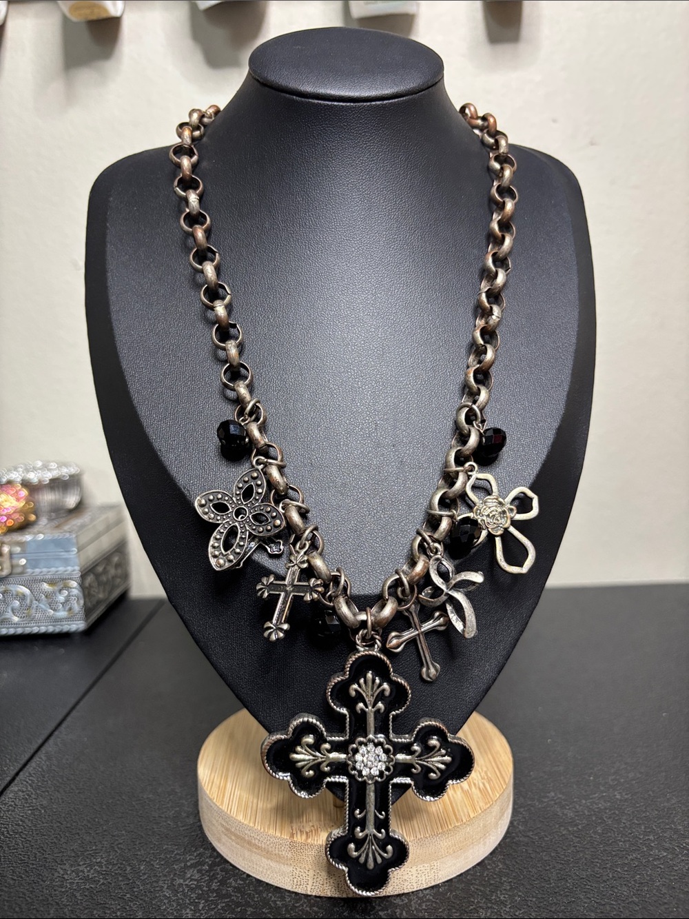 VCLM Black and Silver Cross Charm Statement Necklace